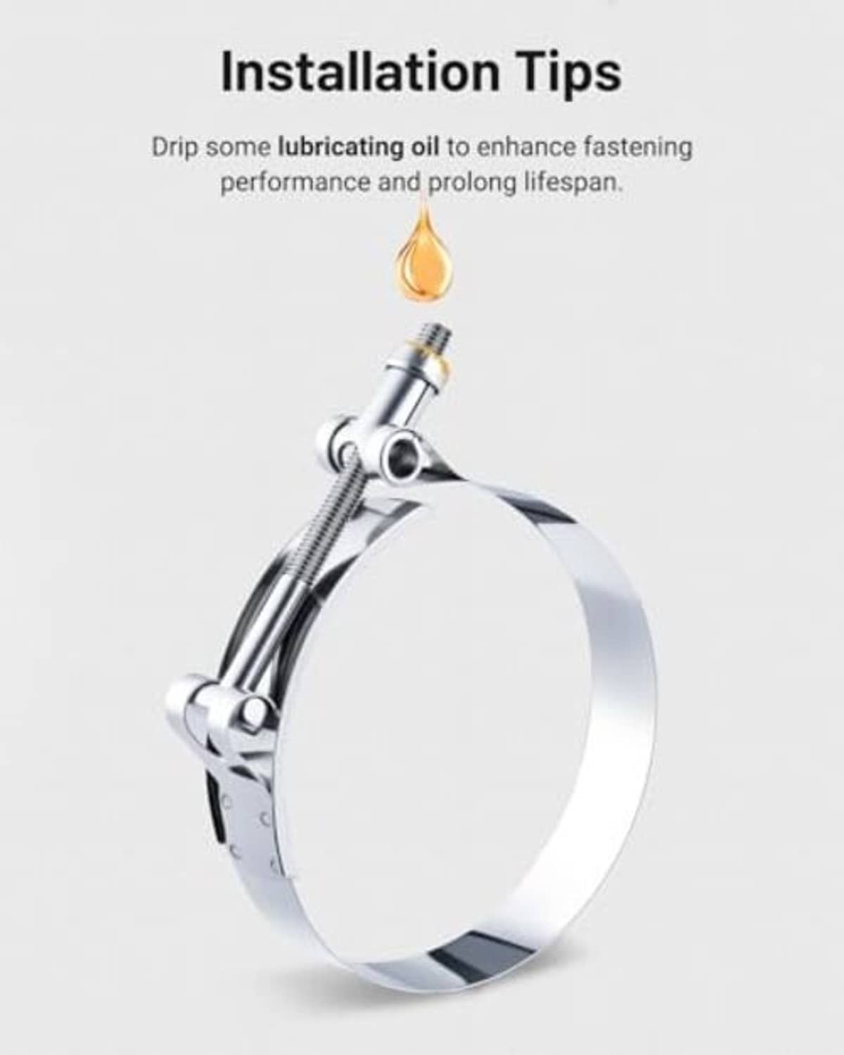 Stainless steel T-bolt hose clamp with mounted bolt and circular band