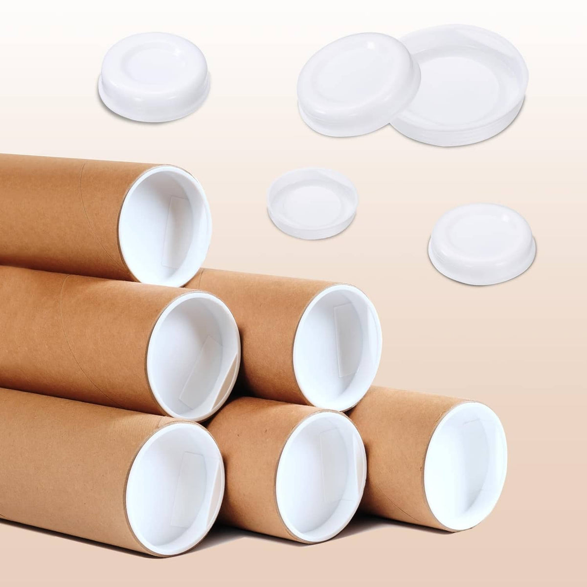 White round end caps fitted on brown cardboard mailing tubes, multiple pcs