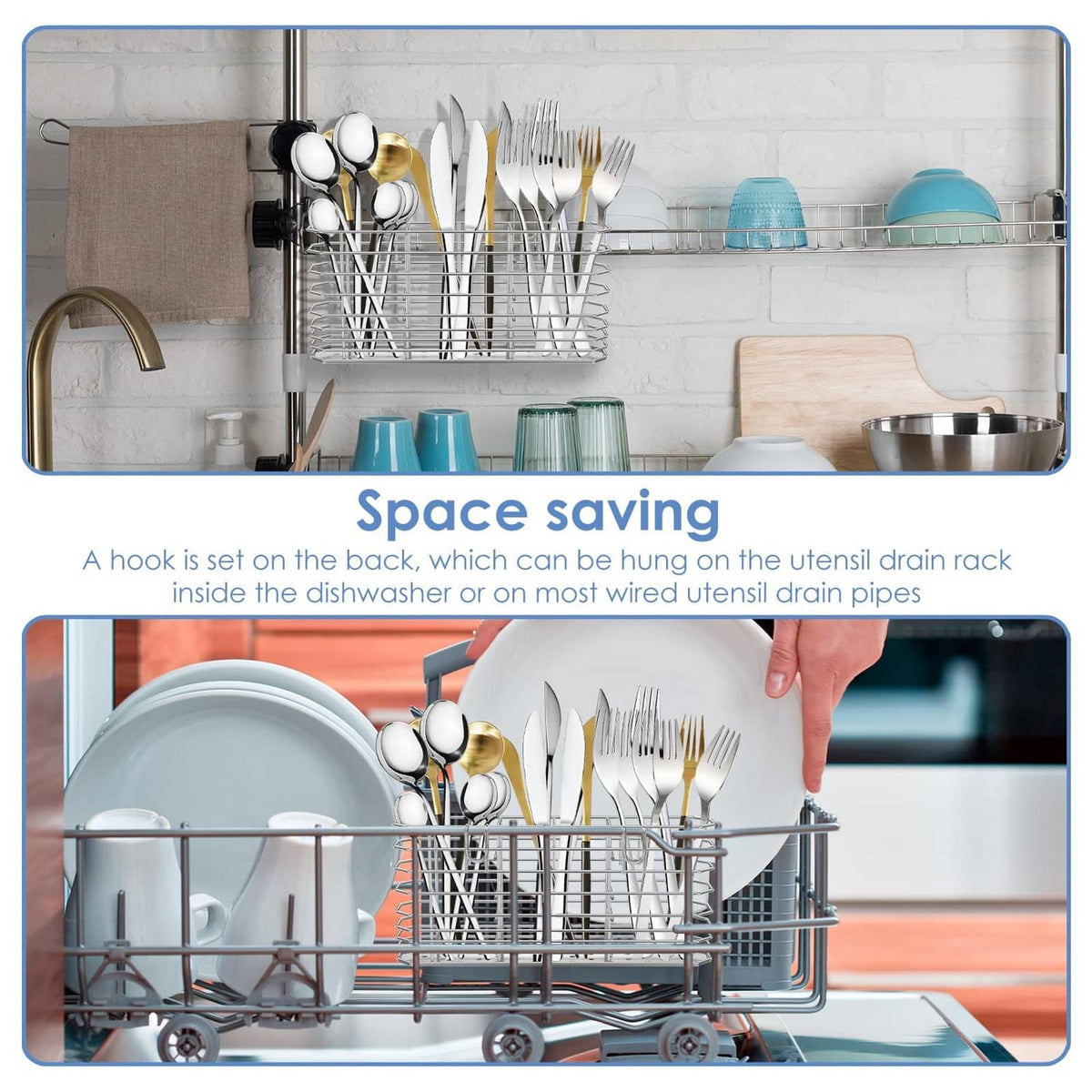 Stainless steel utensil drain storage rack with separate cutlery tray and hooks