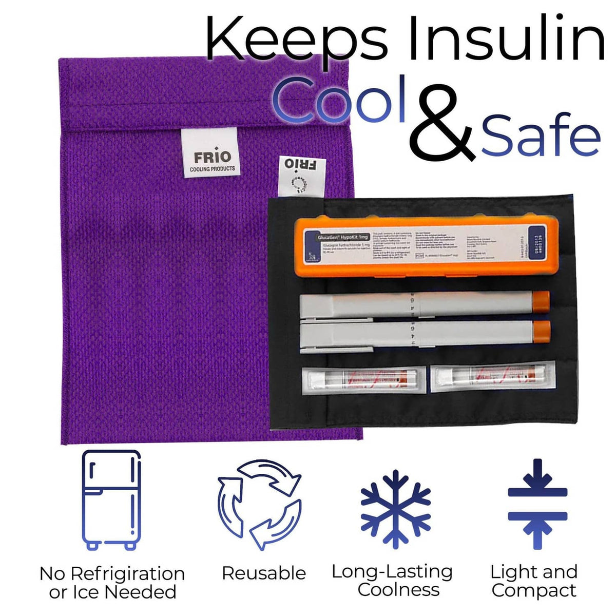 Purple cooling wallet open with orange insert and pen-style items in compartments