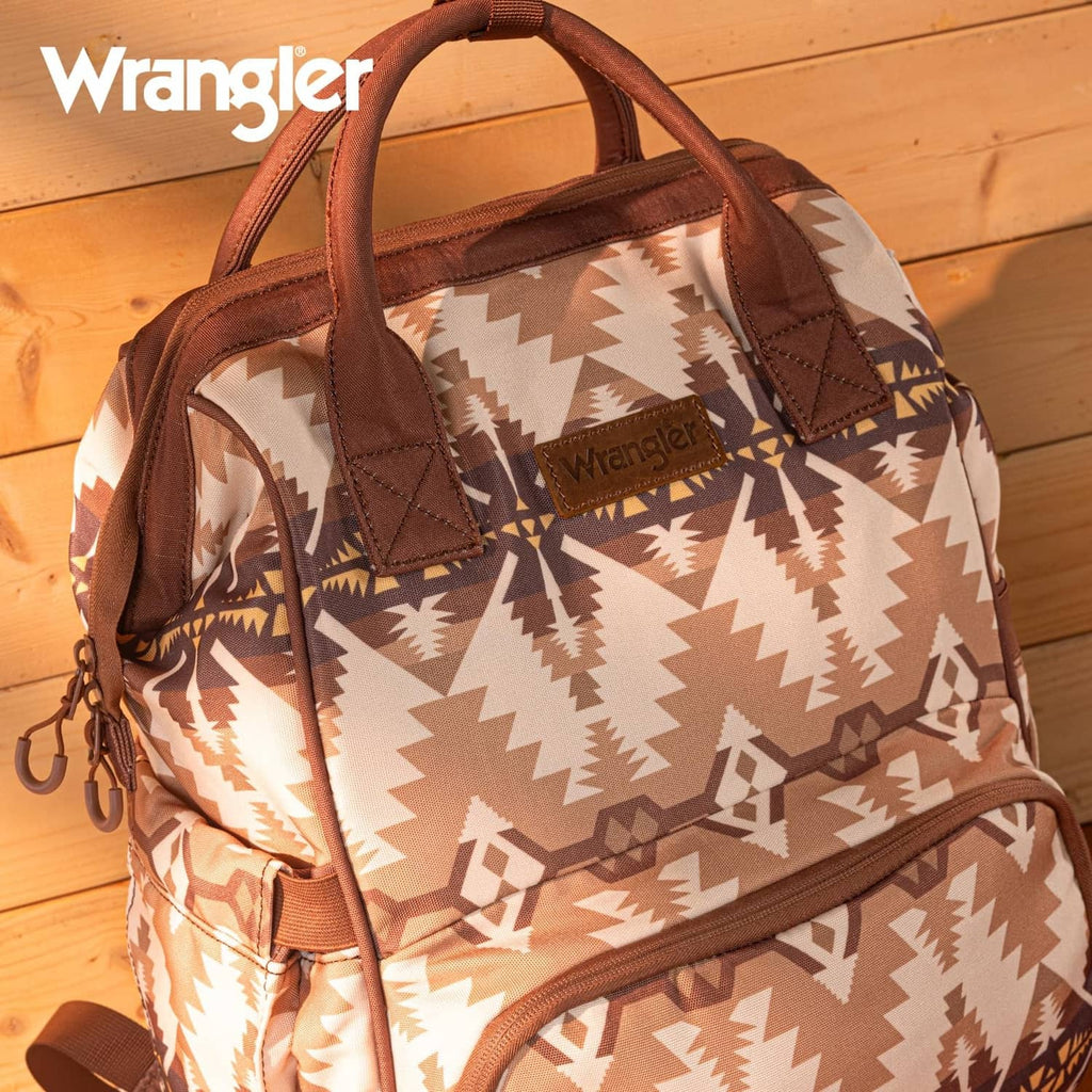 Wrangler Callie aztec diaper bag, beige with brown trim, top handles and zippers