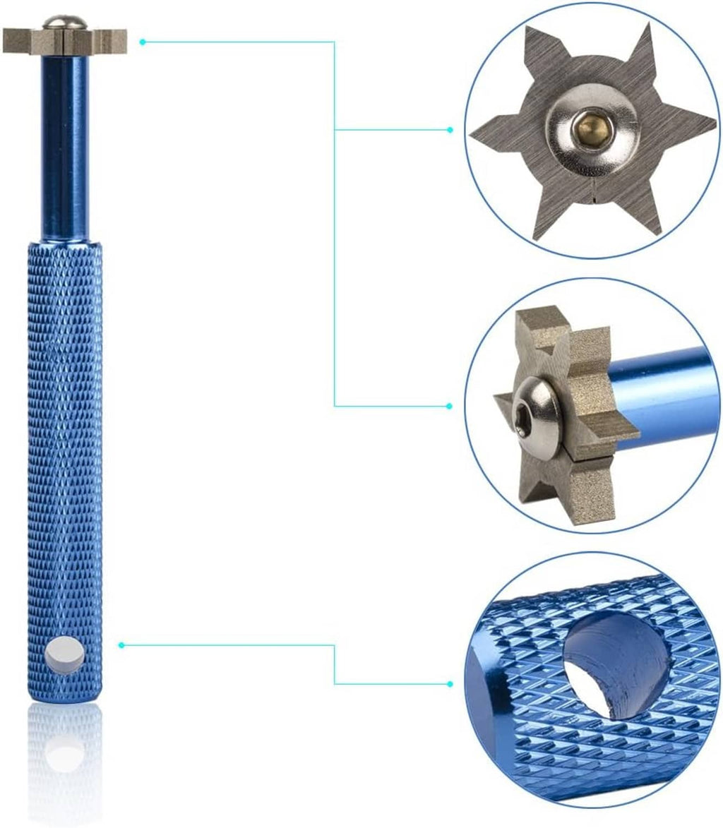 Groove sharpener with star head detail and side opening for club grooves