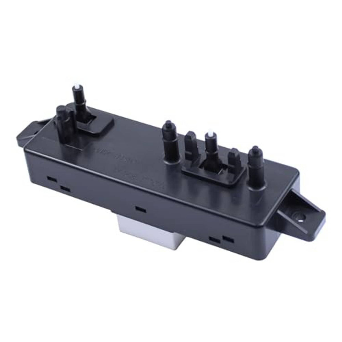 Black power seat switch module with five raised terminals and side mounting tabs