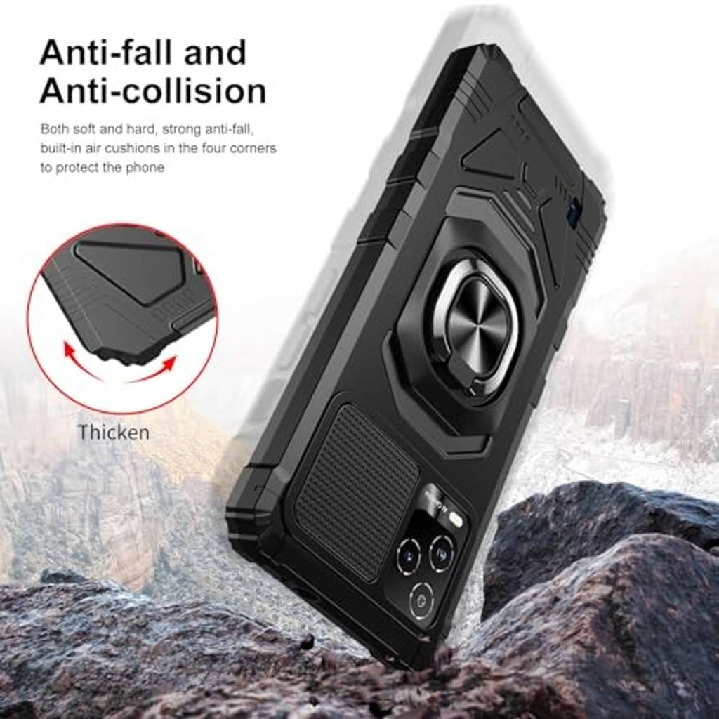 Black rugged phone case with ring grip featuring reinforced corner protection
