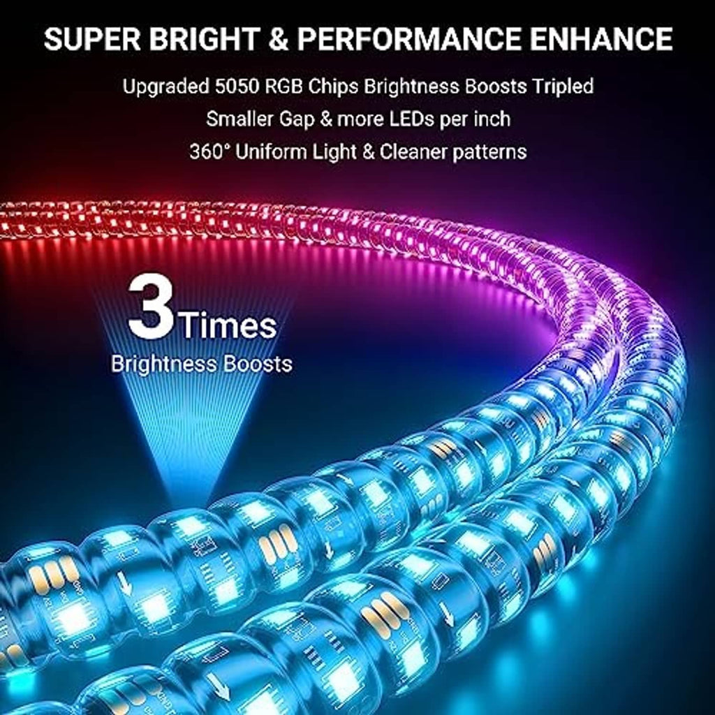 RGB LED whip light strip, bright blue and purple glow in a curved spiral