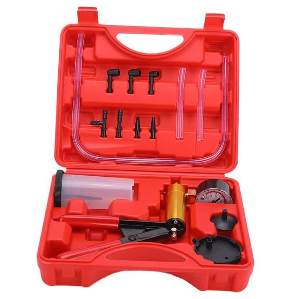 Red brake bleeder vacuum pump kit case with adapters, tubes, and gauge parts