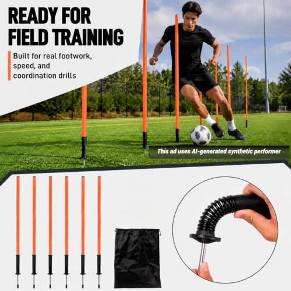 Orange agility training poles with black bases arranged for field speed and agility drills