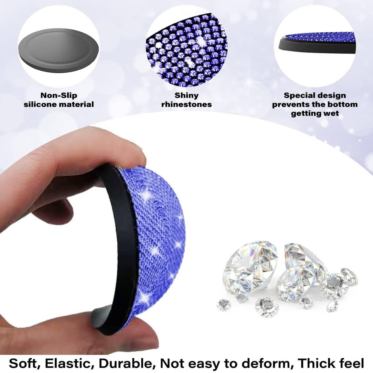 Blue rhinestone cup coaster with black silicone rim, anti-slip edge