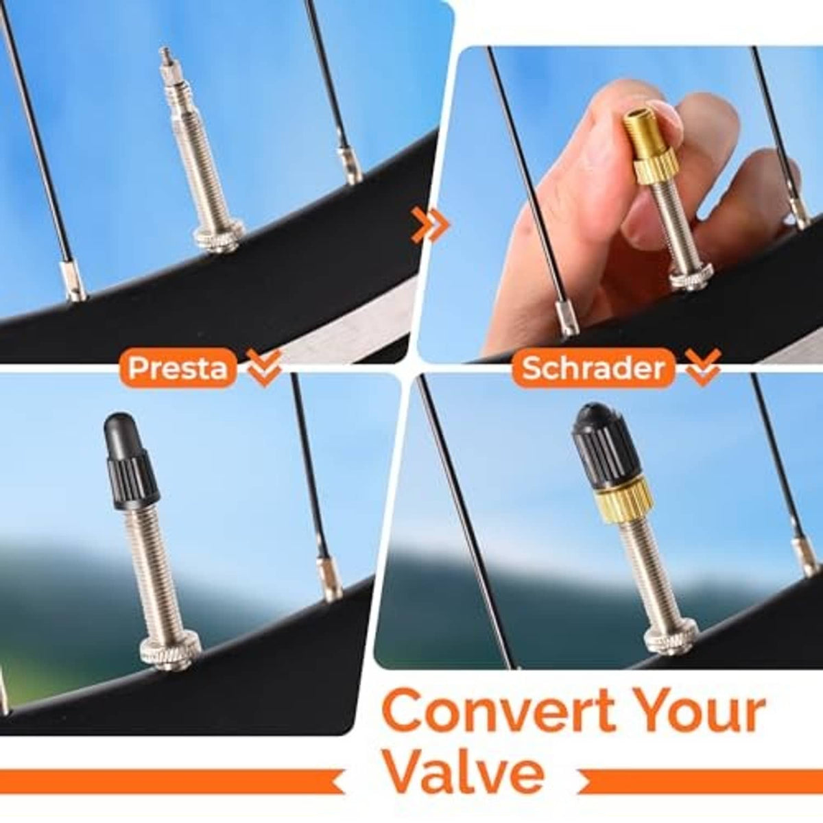 Hand holding a brass Presta-to-Schrader valve adapter beside bicycle tire valve stems.
