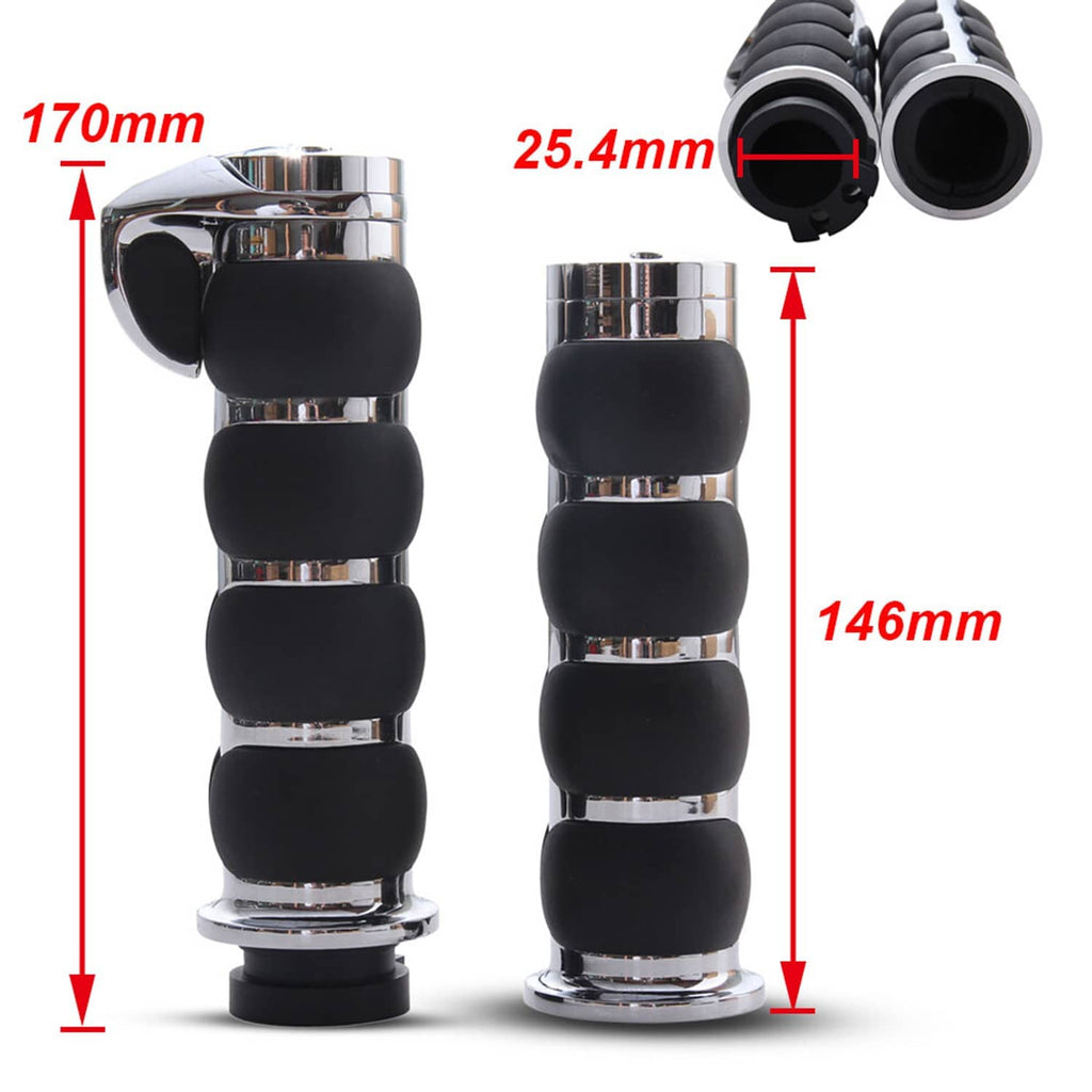 Pair of black motorcycle grips with chrome collars, size diagram view