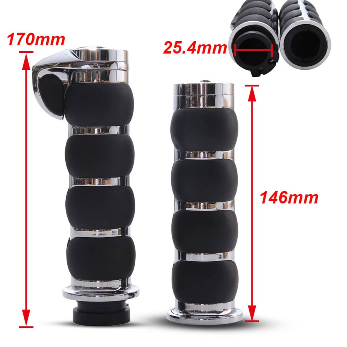 Pair of black motorcycle grips with chrome collars, size diagram view