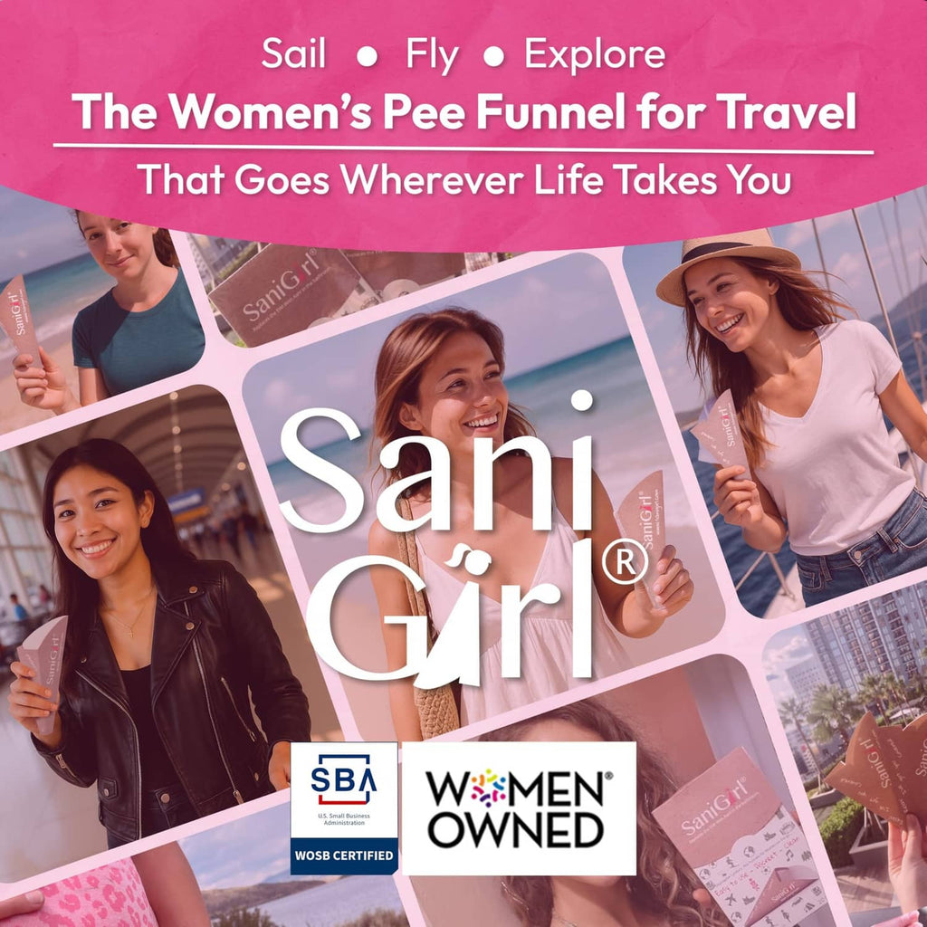 Travel promotional collage with SaniGirl product funnel featuring happy outdoor users.