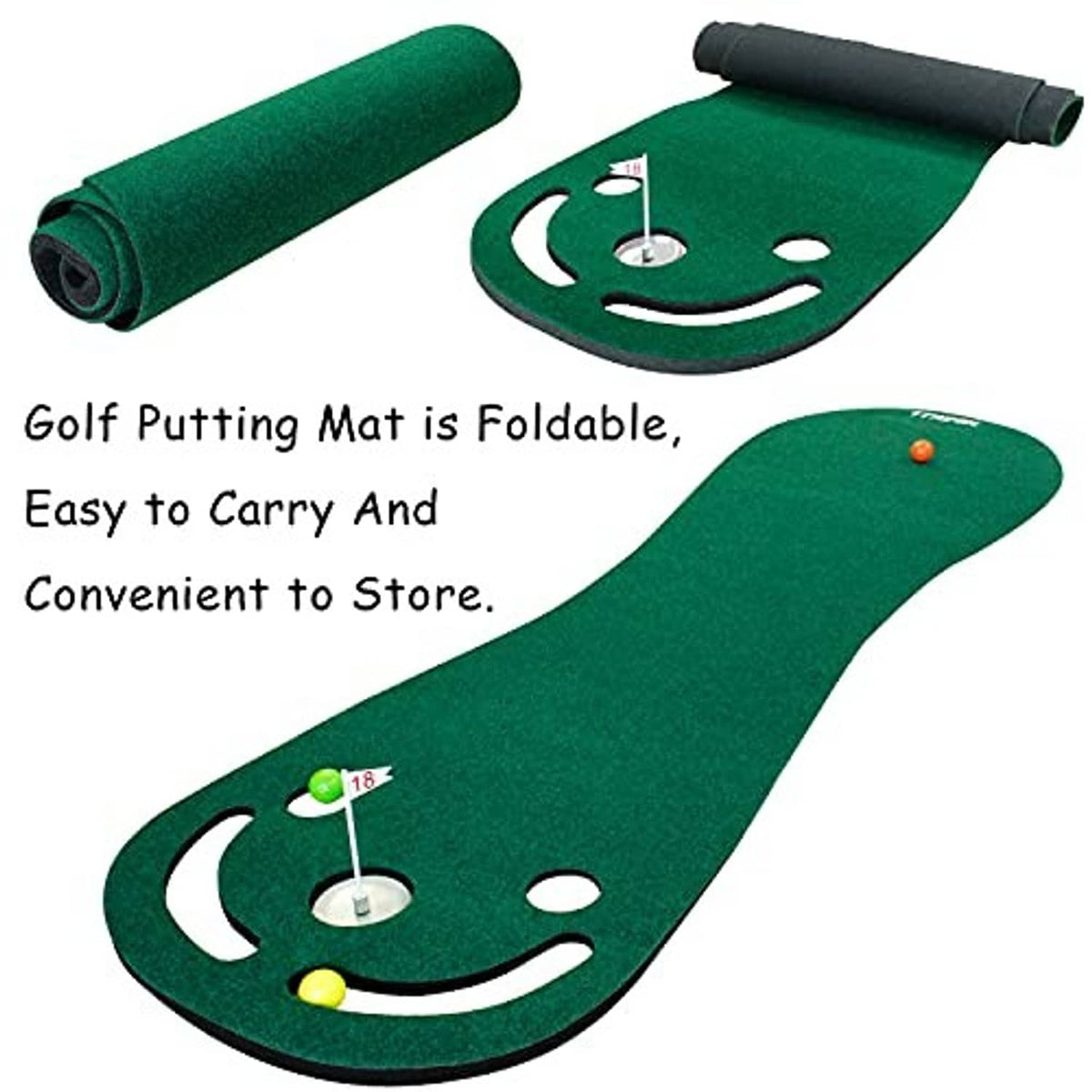 Foldable green putting mat set with rolled section and top view showing cup and holes