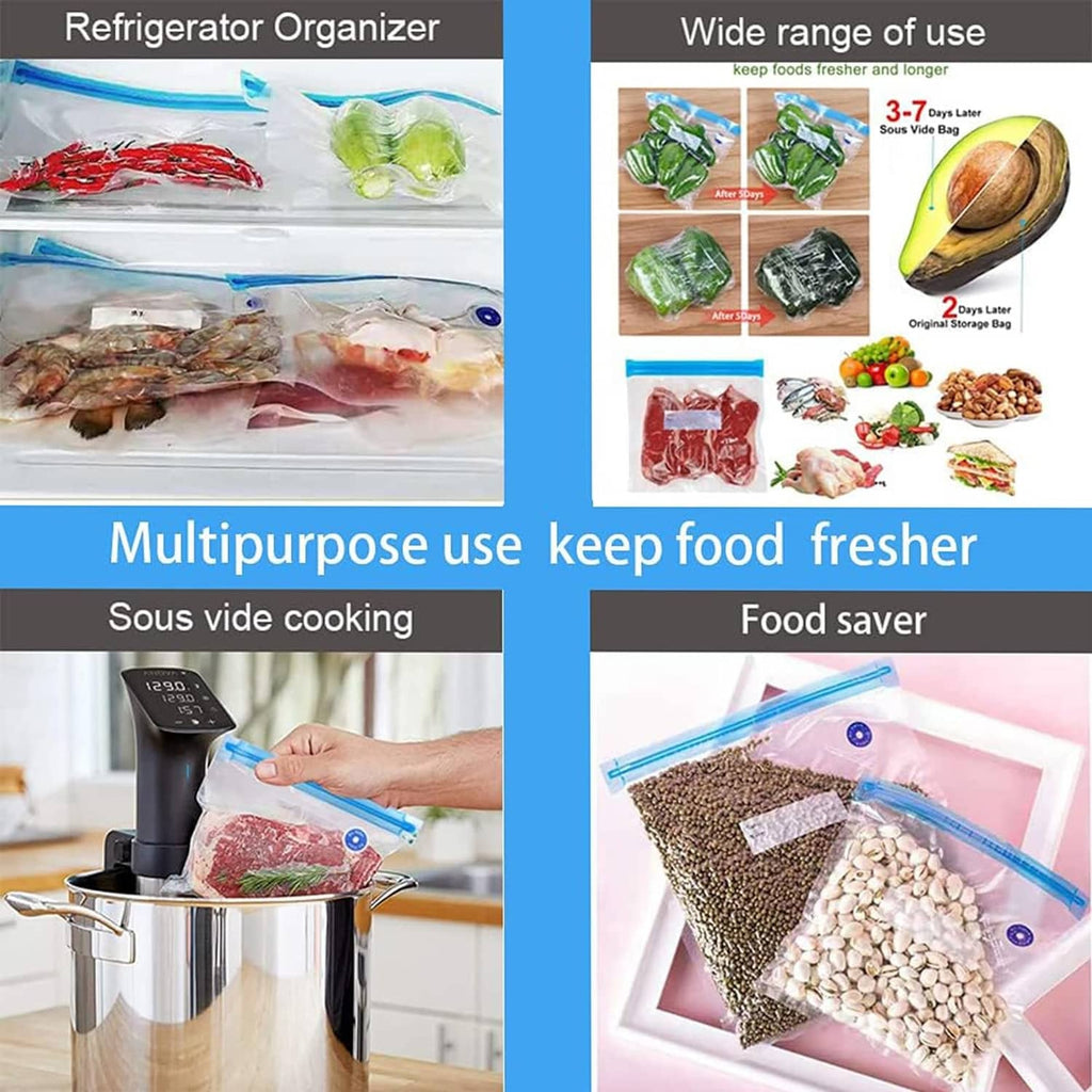 Reusable vacuum sealer bags with blue seals for food storage, sous vide, and frezer use