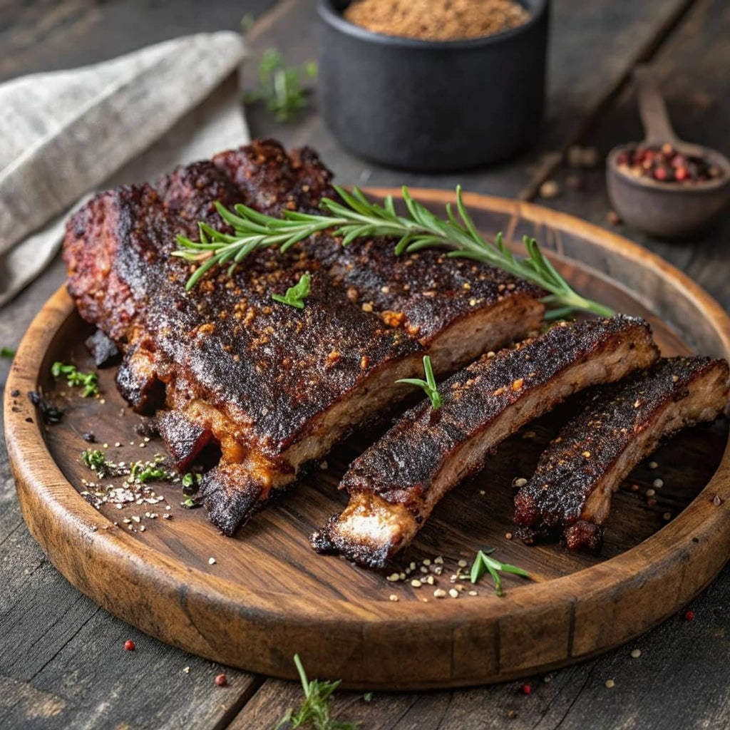 Seasoned rib rack slices with rosemary on a wooden serving board