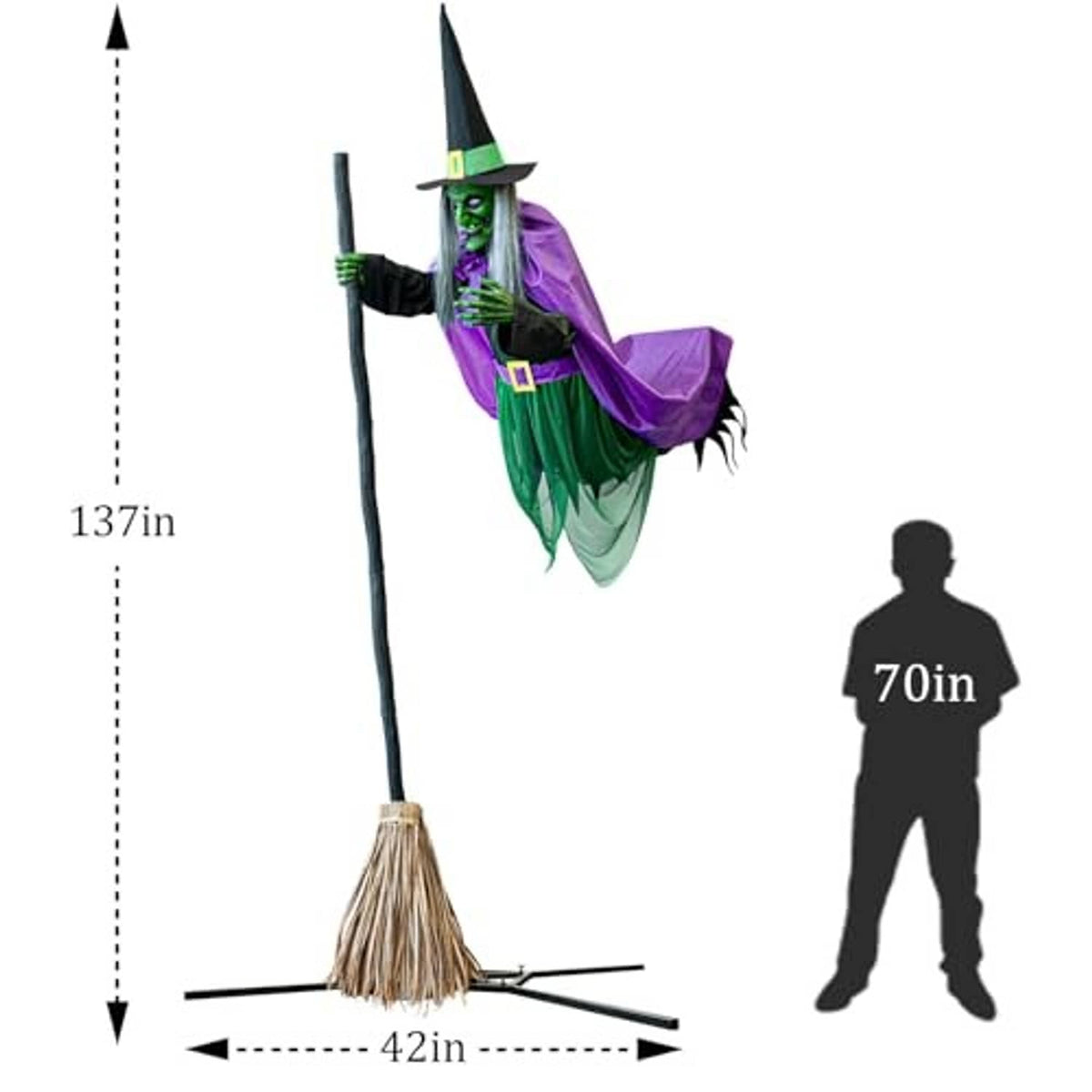 Animated witch yard stake with broom bristles and size silhouette guide in white background