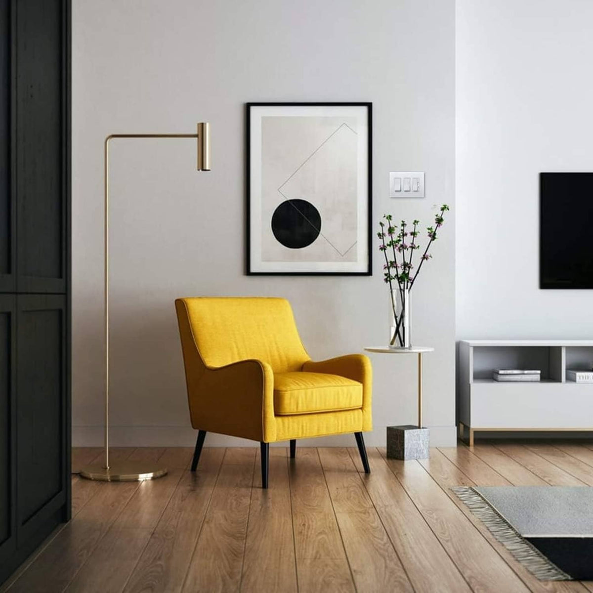 Designer wall switch plate on a white wall in a living room setting