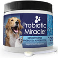 Pet probiotic supplement jar with black lid and blue label for cats and dogs