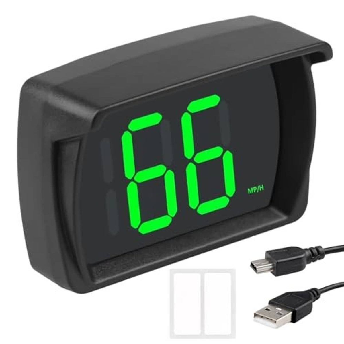 Black GPS HUD speedometer with bright green 65 MPH digits and USB cable