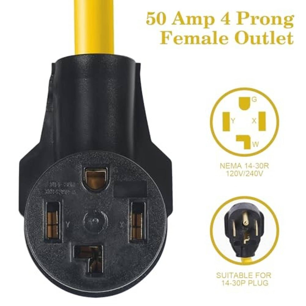 Close-up of black 4-prong NEMA 14-30R plug on yellow adapter cable