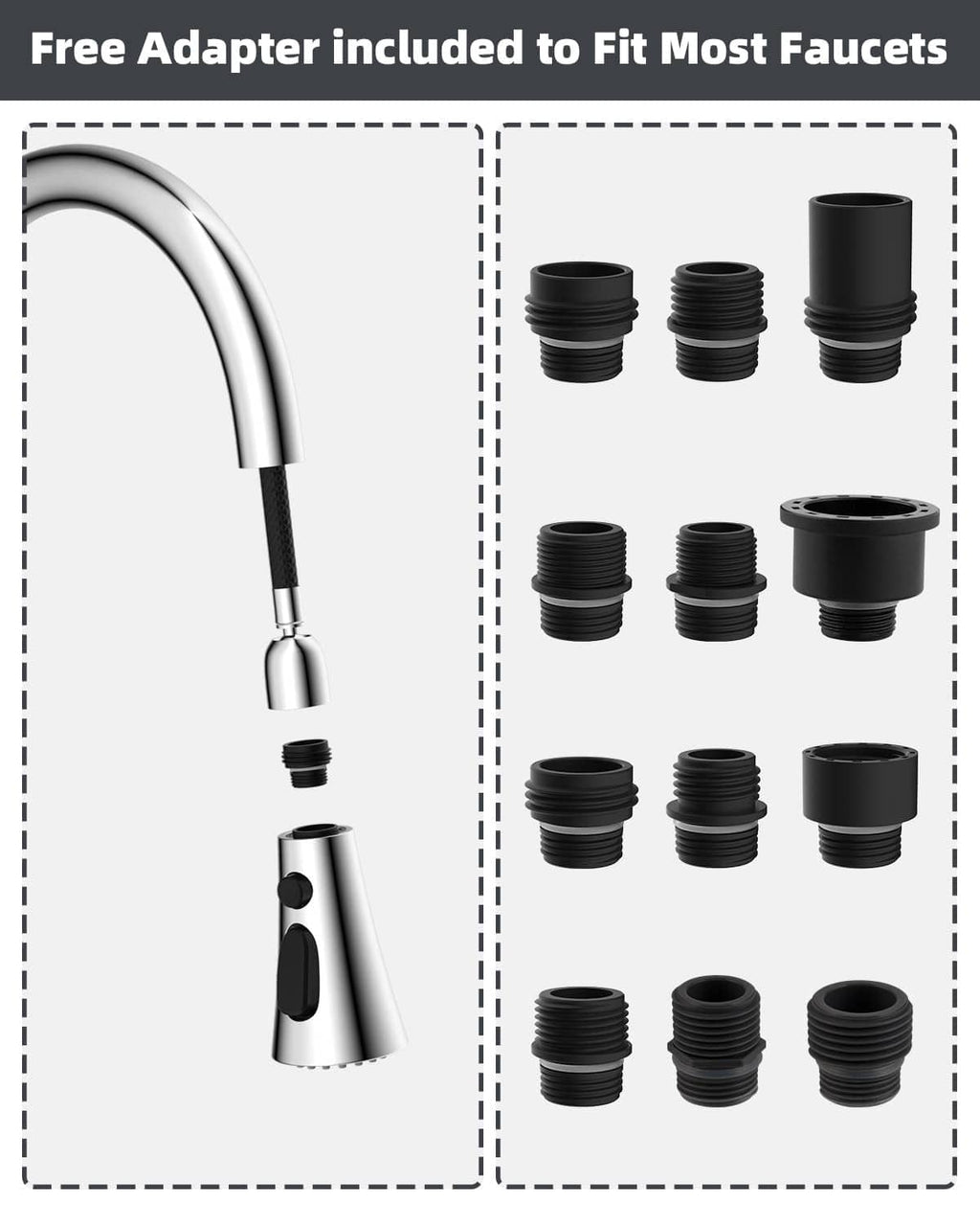 Chrome faucet sprayer head with hose end adapter set, showing multiple connection sleeves
