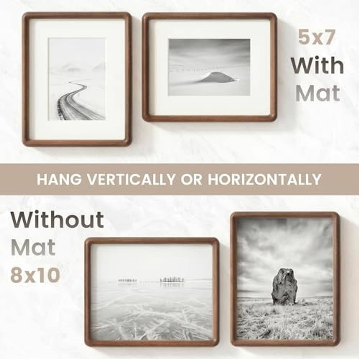 Two walnut picture frames with rounded corners: one with mat board, one without