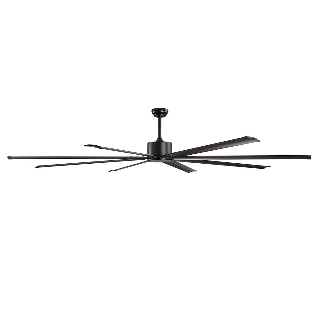 Black ceiling fan with eight blades and central downrod mount, fan-only design