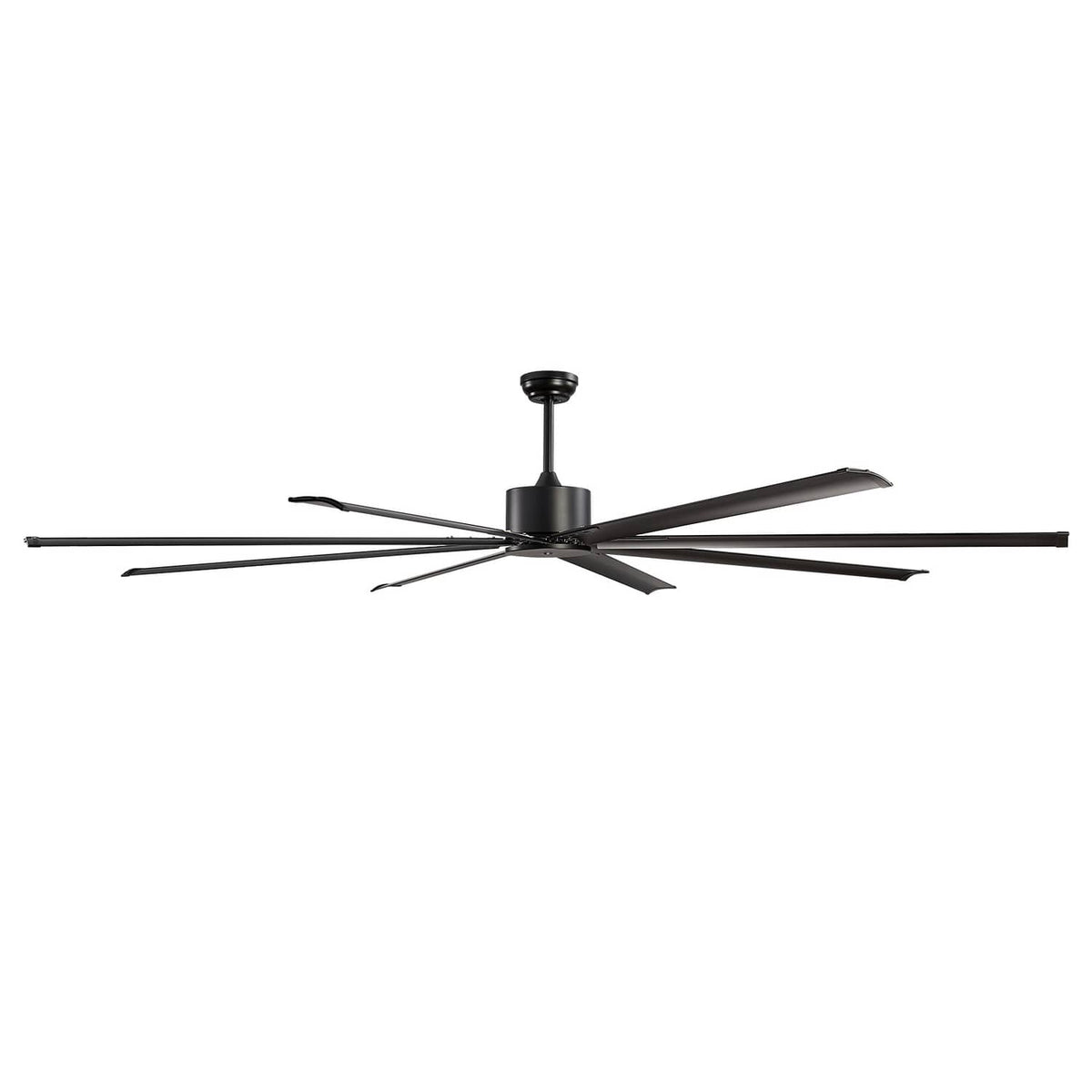 Black ceiling fan with eight blades and central downrod mount, fan-only design