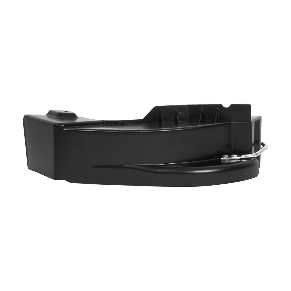 Black mulching discharge cover for lawn mower deck with attached metal latch bracket