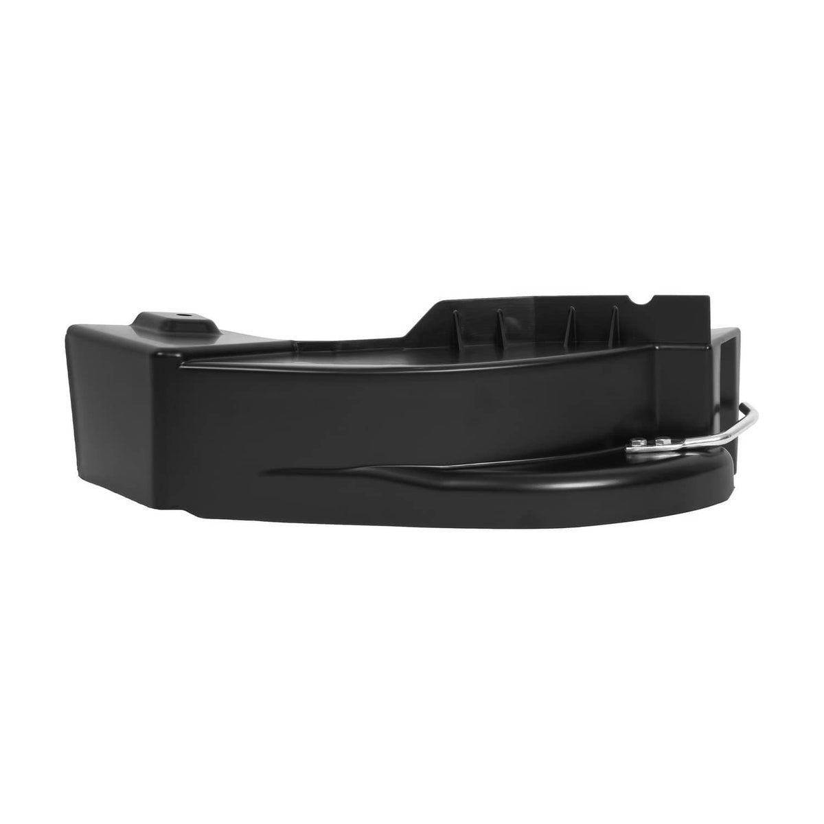 Black mulching discharge cover for lawn mower deck with attached metal latch bracket