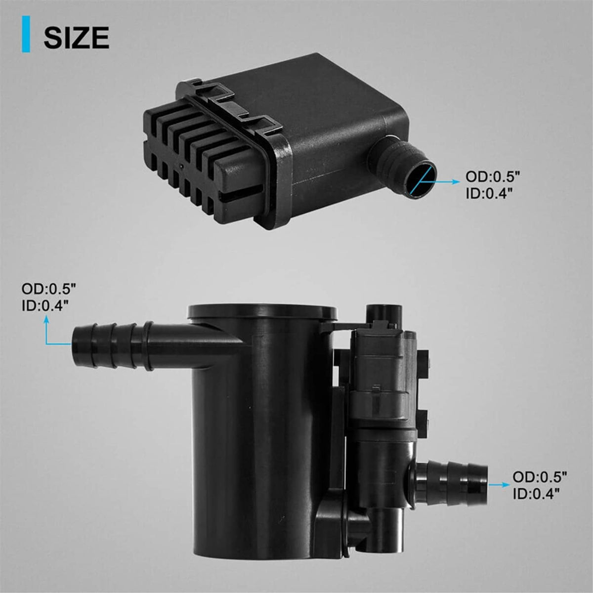 Vapor canister vent solenoid valve with black plastic body and hose outlet fittings