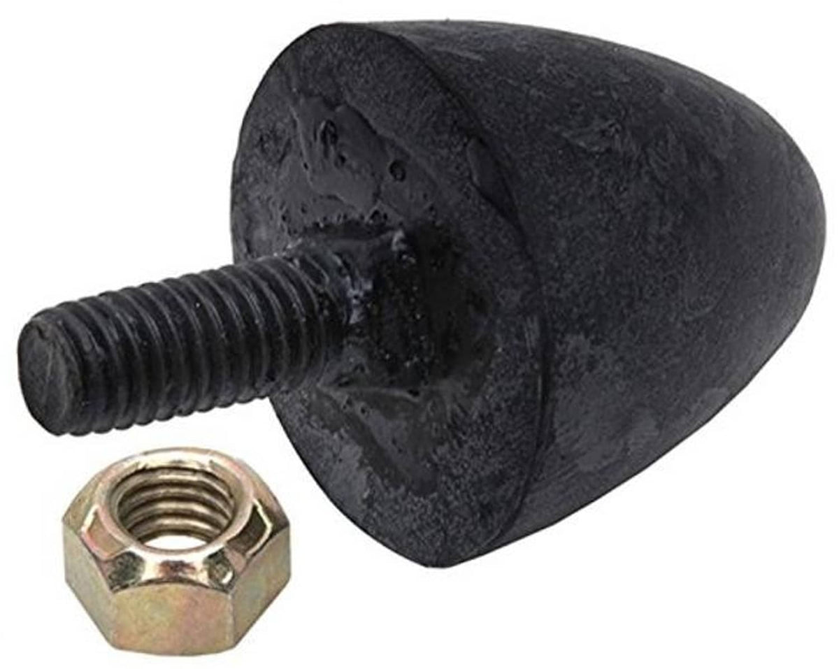 Front lower control arm bumper with dark rubber body, threaded bolt, and hex nut.