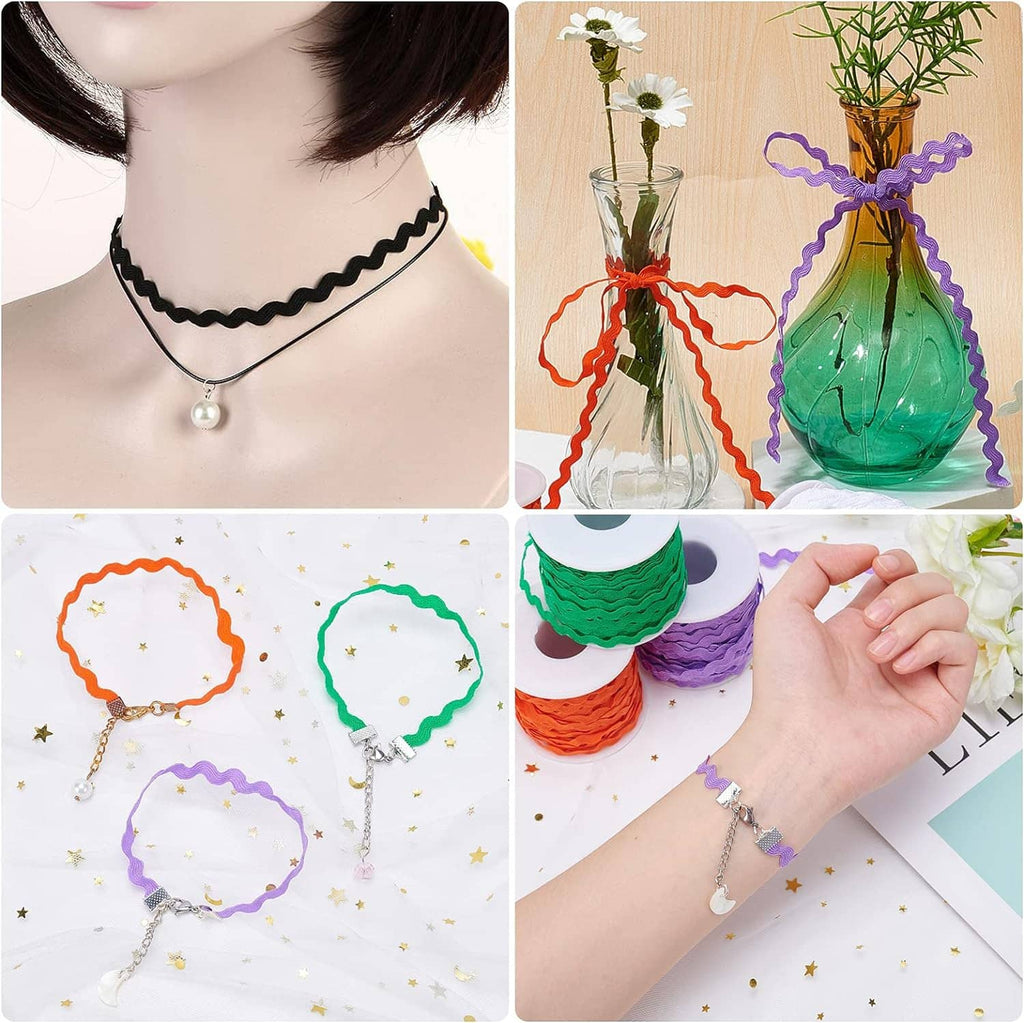 Decorative wave ribbon trim used for necklaces and bracelets, in multiple colors.