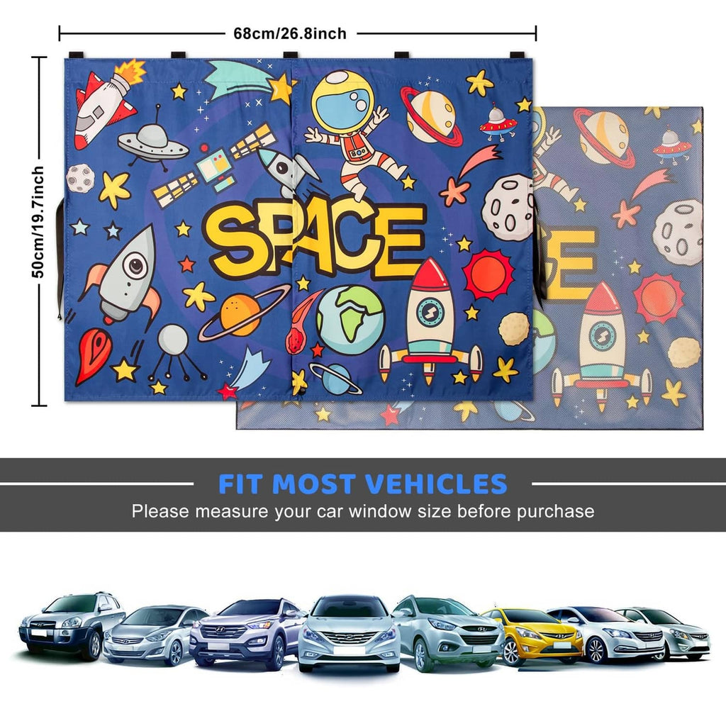 Blue space-pattern magnetic car window shade set of 2, double-layer panels