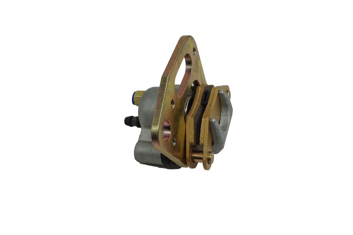 Brake caliper with gold bracket and gray housing, side view with mounting hardware