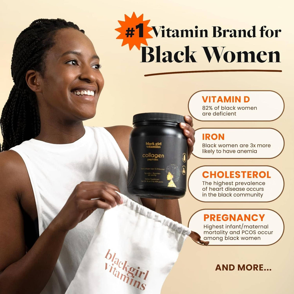 Collagen peptides powder jar with woman model and #1 vitamin brand graphic