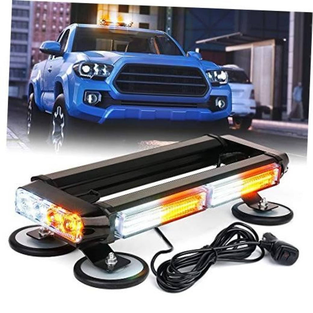 Amber and white COB LED strobe rooftop light bar with black base and suction mounts