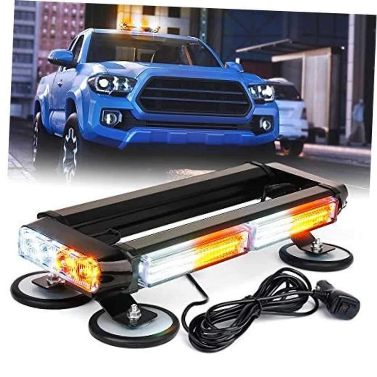 Amber and white COB LED strobe rooftop light bar with black base and suction mounts