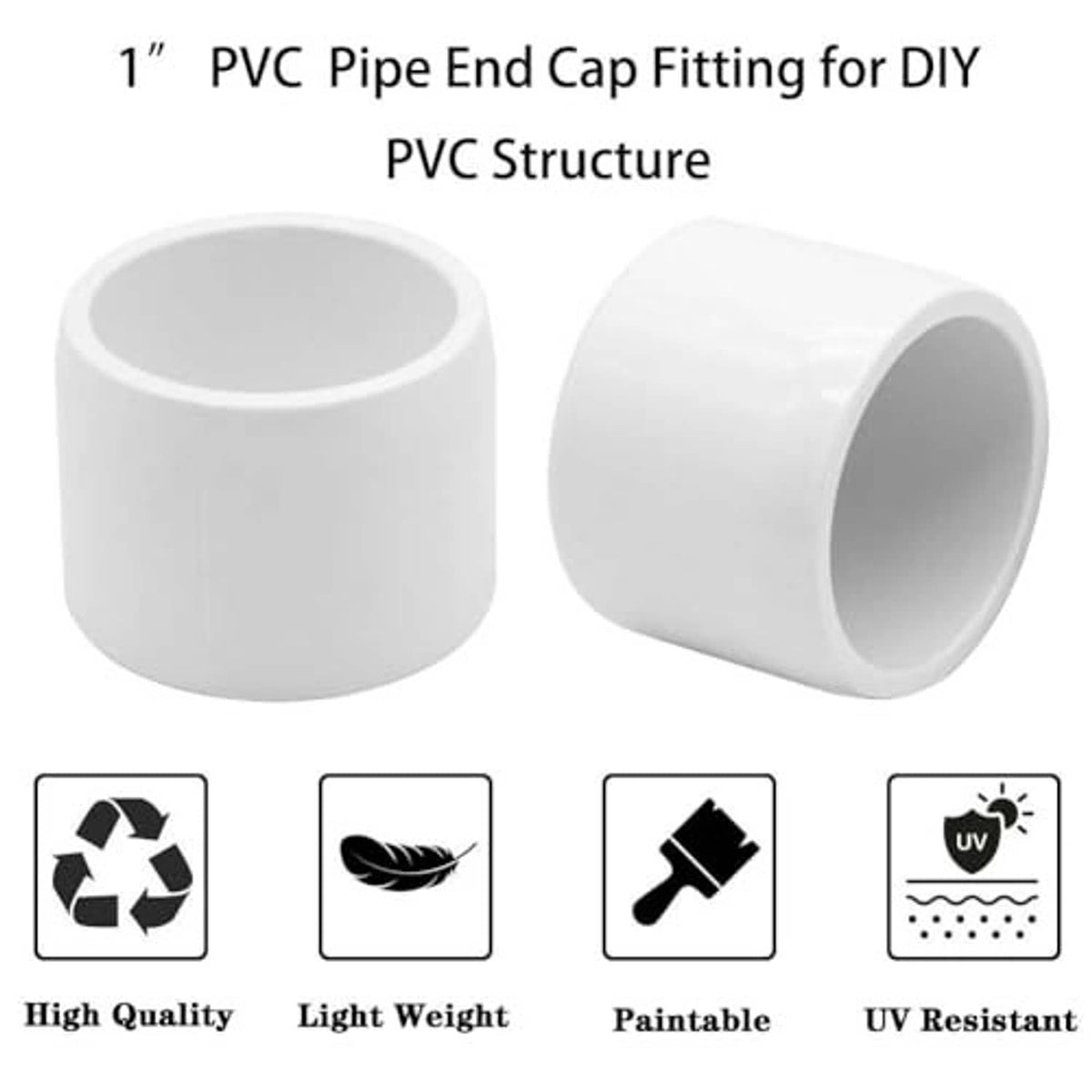 White PVC pipe end cap fitting for DIY, round opening, front and angled views