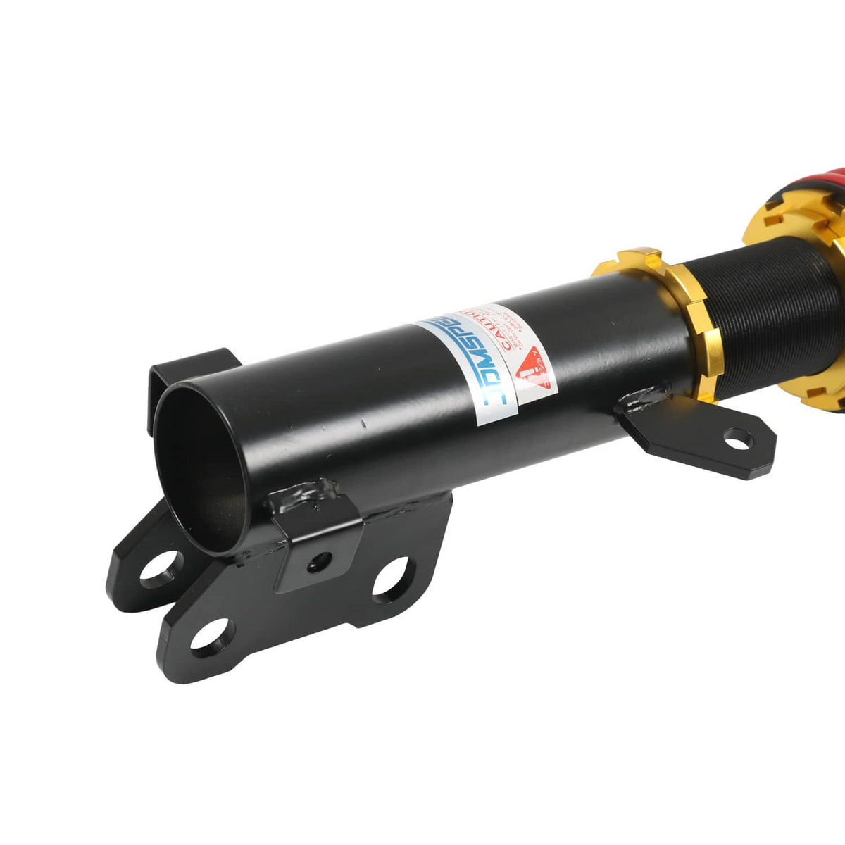 Coilover strut: black shock tube with mounting bracket, gold collar, and label stickers