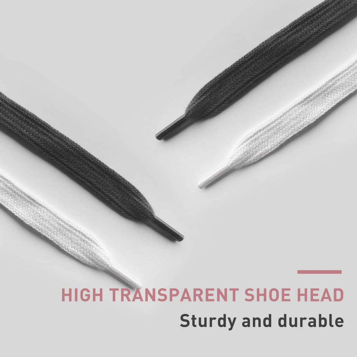 Black and white flat cotton shoelaces with straight aglets