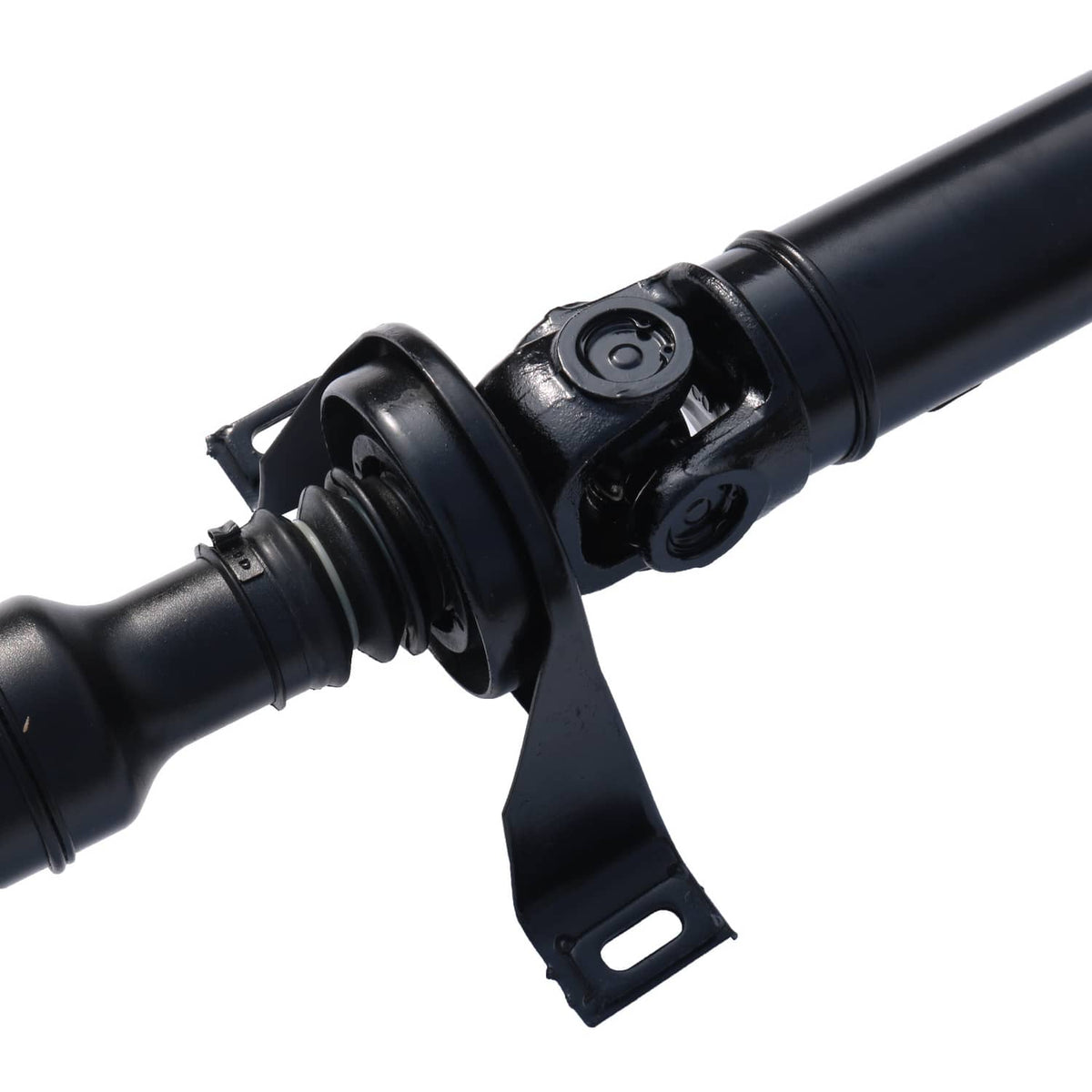 Close-up of black drive prop shaft joint with rubber boot and bracket mount