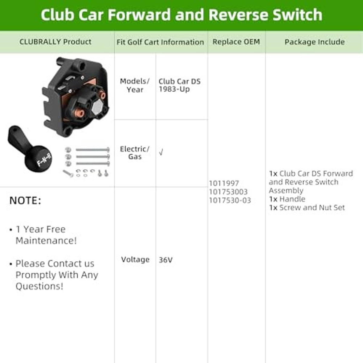 Black forward and reverse golf cart switch assembly with included screws and nuts