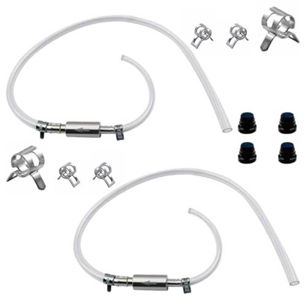 Set of clear brake bleeder hoses with inline one-way valve, black caps, and connectors