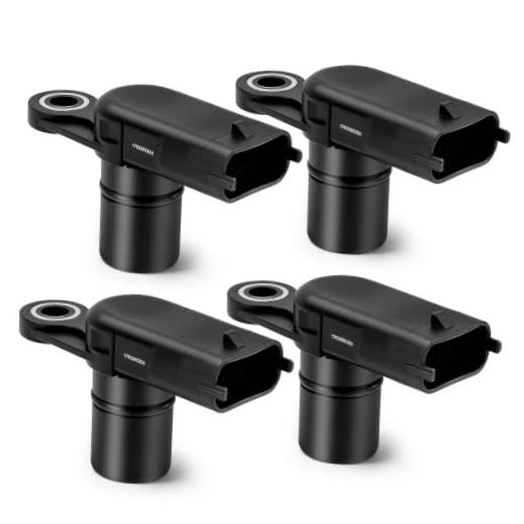 Set of four black camshaft position sensors with electrical connectors and mounting ports