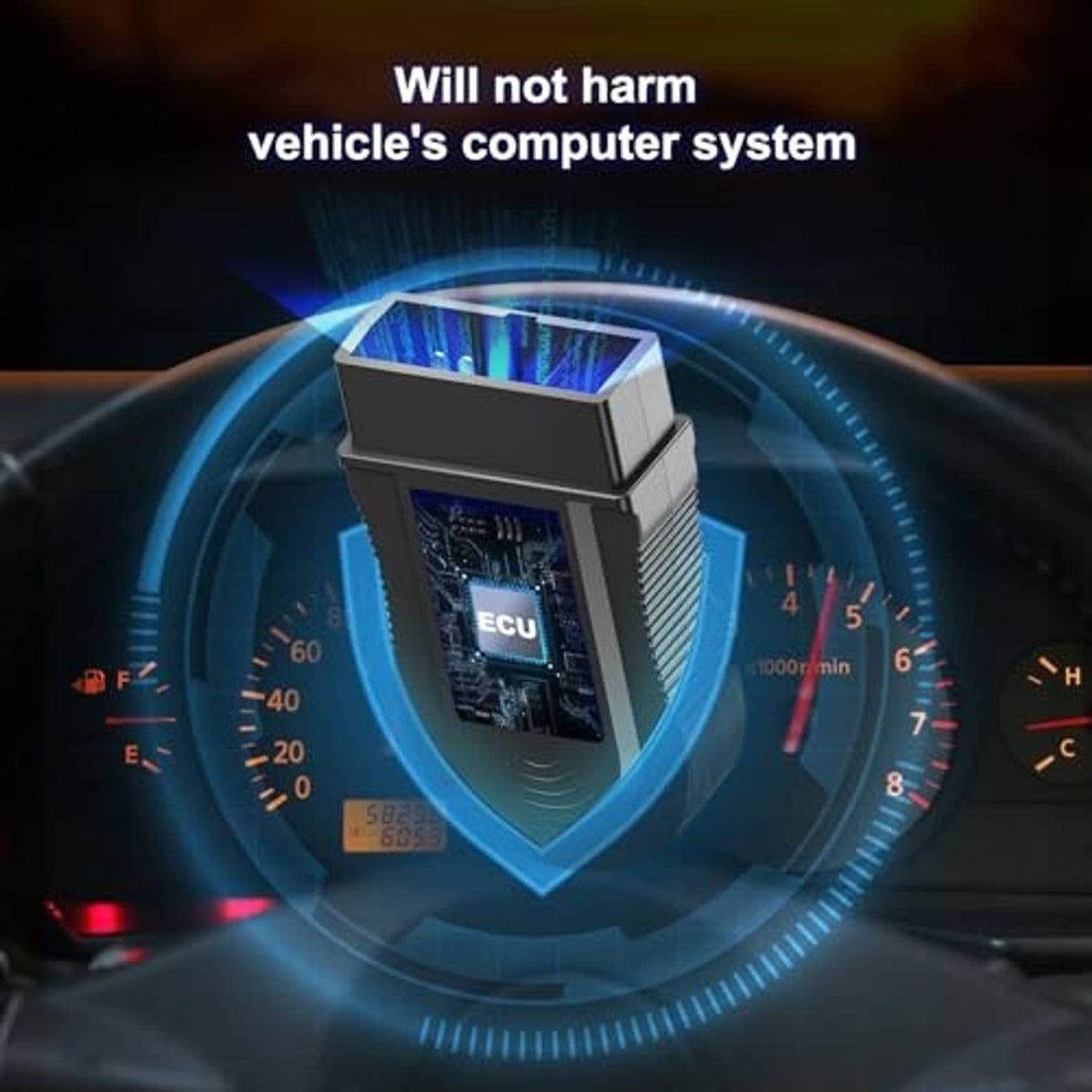 OBD1 code reader with protective shield graphic over vehicle dashboard