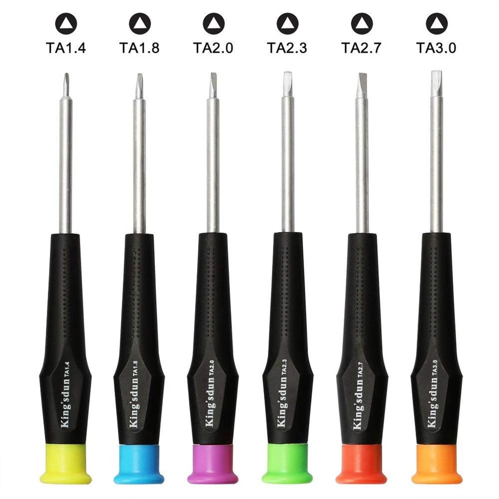Triangular head screwdrivers with black handles and colored bases, visible tip sizes