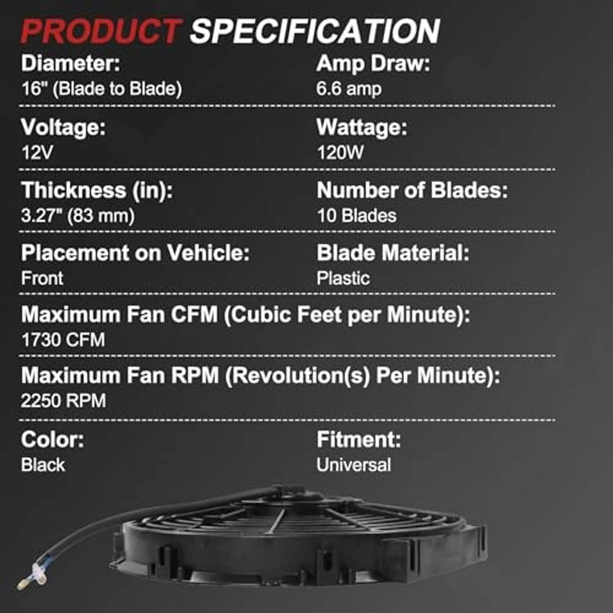 Black radiator cooling fan with grille and motor base, shown with size layout