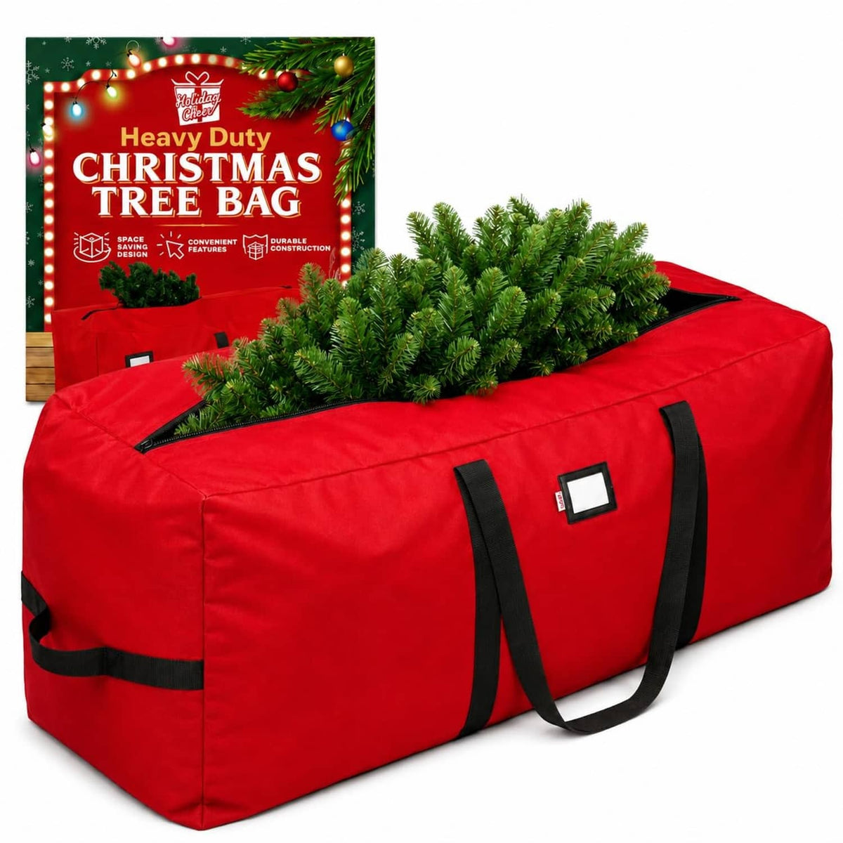 Red waterproof Christmas tree storage bag with black carry handles and side straps