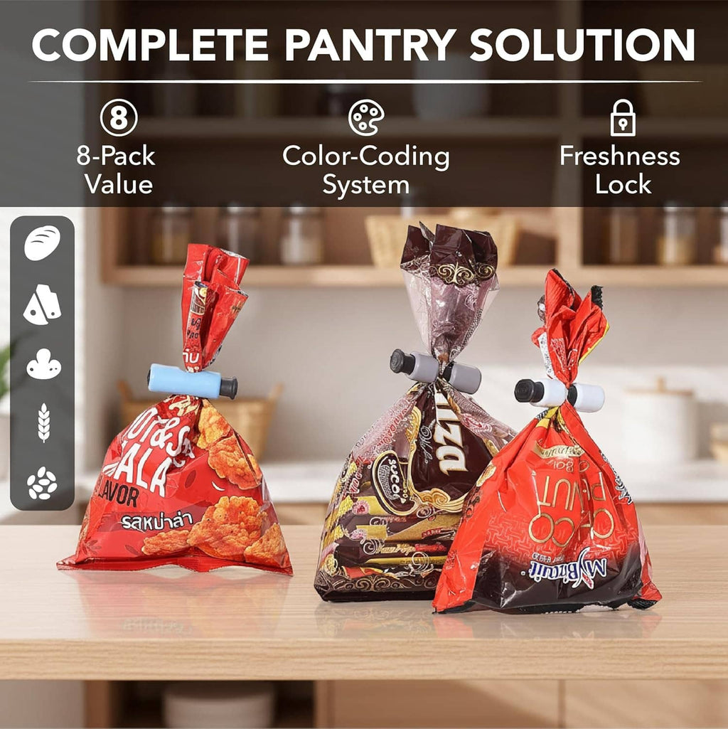 Multicolor squeeze-lock bread bag clips, 8-pack for sealing bread bags